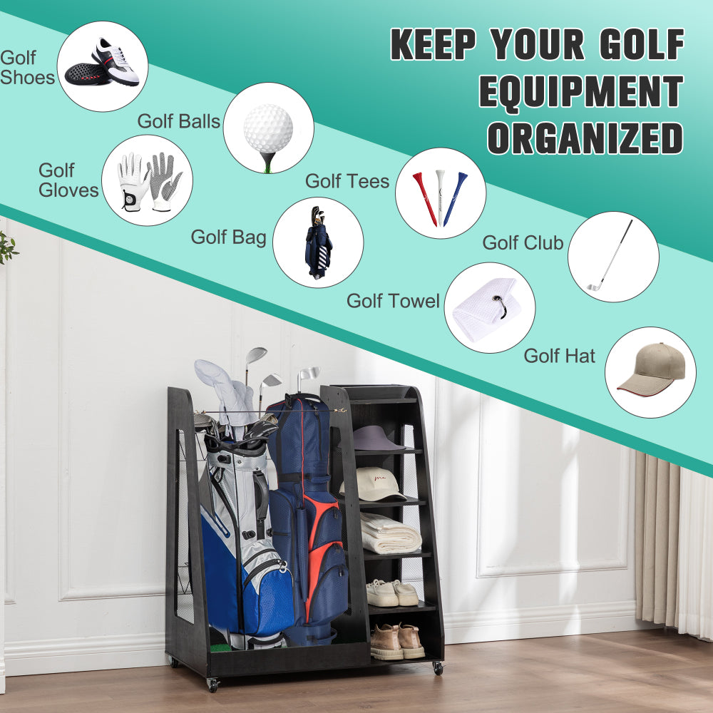 Golf Bag Organizer for Garage, Premium Wooden Golf Clubs Storage Rack Fit 2 Golf Bags, Golf Trunk Organizer for Car Garage Club Shed Basement,Black