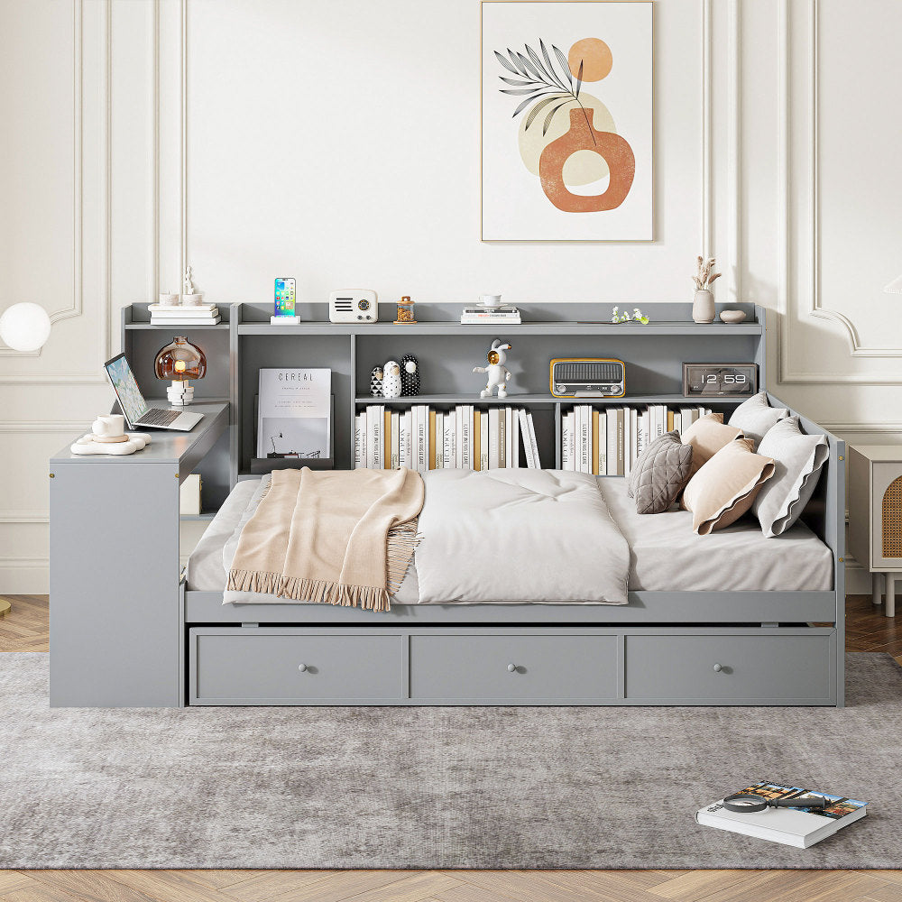 Full Size Wooden Daybed With 3 Drawers, USB Ports and desk , Gray