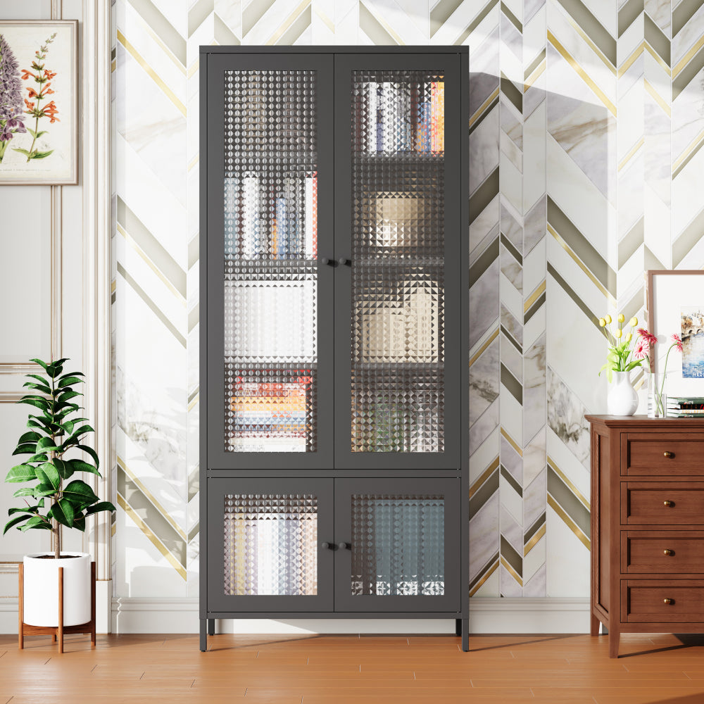 Large Metal Storage Cabinet Display Cabinet with 4 Glass Doors 5 Shelves Side Cabinet Bookcase Freestanding Cabinet for Bedroom Living Room Pantry Home Office - Black, Waffle-Grids Tempered Glass