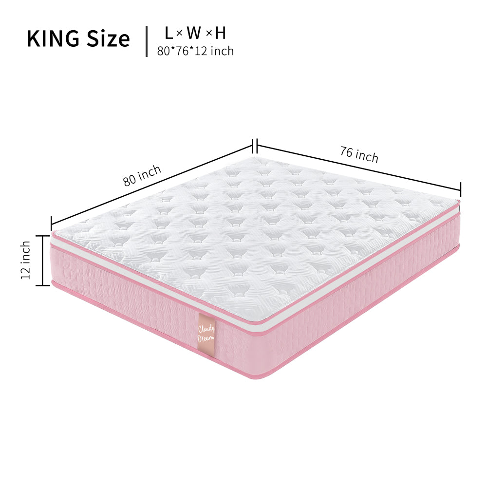 KING 12 Inch Hybrid Mattress Individual Pocket Spring Memory Foam Cool Knitted Cover CertiPUR-US Pink