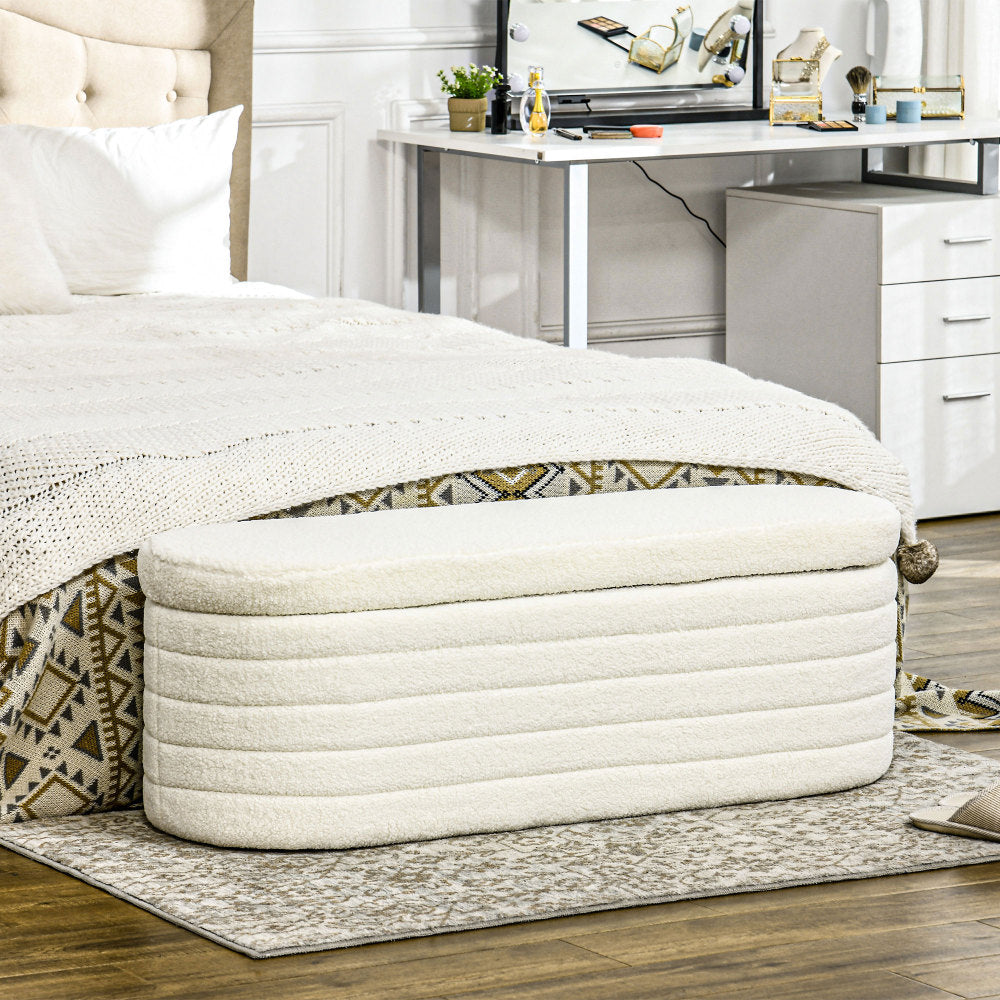 HOMCOM 46" Storage Ottoman Bench, Teddy Fleece Upholstered Boucle Storage Bench with Wood Frame, Bedroom Bench for Living Room, Entryway, Bedroom, Cream White