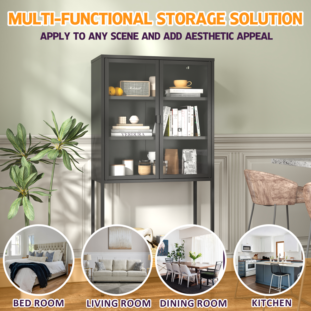 59"H Heavy Duty Metal Storage Cabinet,Sideboards & Buffet,Display Storage Cabinet with Glass Doors and 2 Adjustable Shelves, Tall Bookcase Modern Bookshelf Cabinet for Home Office, Living Room