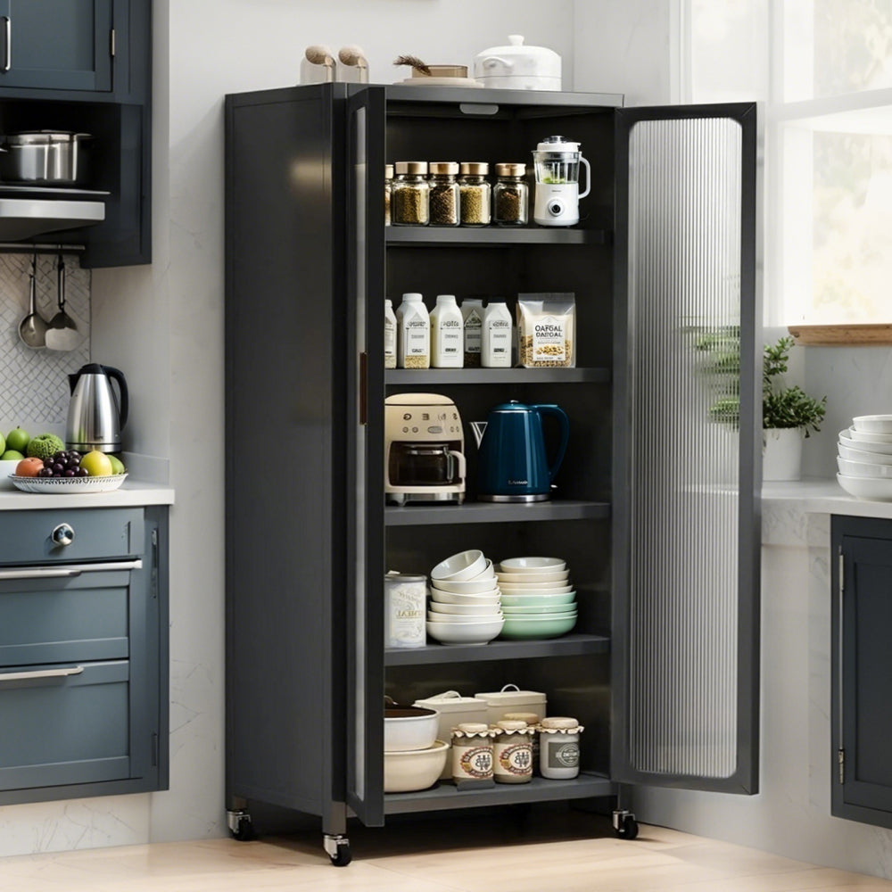 65" Kitchen Pantry Storage Cabinet, 6 Tier Metal Display Storage Cabinet with Transparent Door, Adjustable Shelves & Wheels, Food Pantries Cabinets, for Kitchen, Living Room and Dining Room, Gray