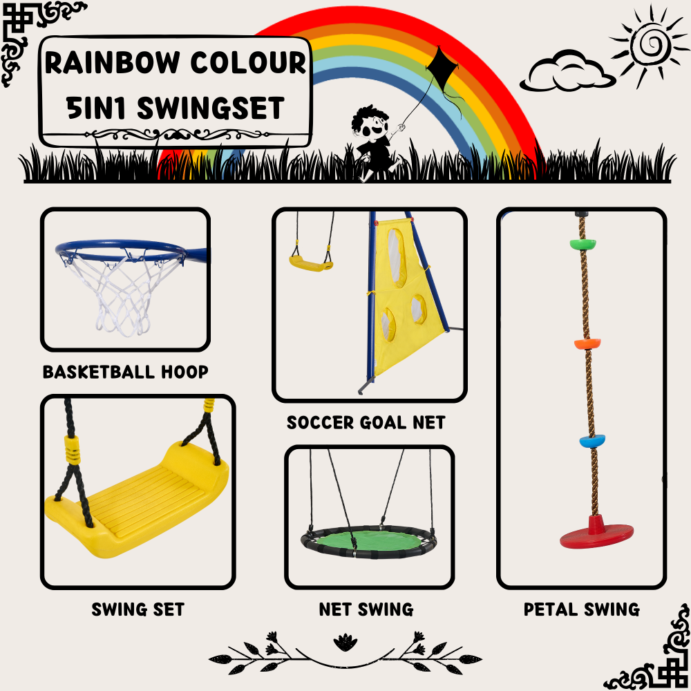 XNS093 rainbow colour interesting 5in1 swingset with Textilene swing and Tree Swing Disc metal plastic safe swing seat 550lbs for outdoor playground for age 3+