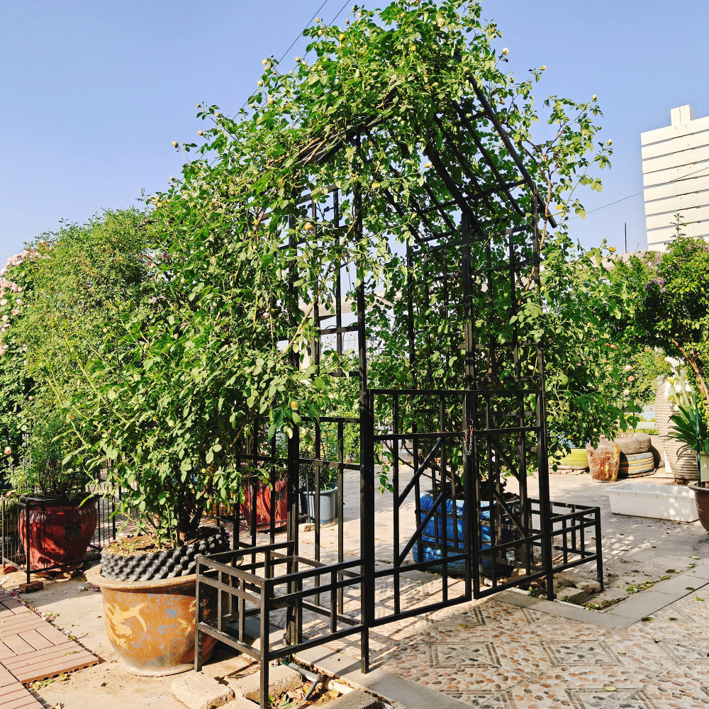 Metal Garden Arch with Gate with planter W80.71*H97.24 Climbing Plants Support Rose Arch Outdoor Black