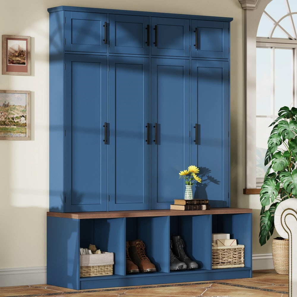 ON-TREND 47.2'' Wide Hall Tree with Bench and Shoe Storage, Multi-functional Storage Bench with 3 Hanging Hooks & Open Storage Space, Rectangle Storage & Shelves Coat Rack for Hallway, Black