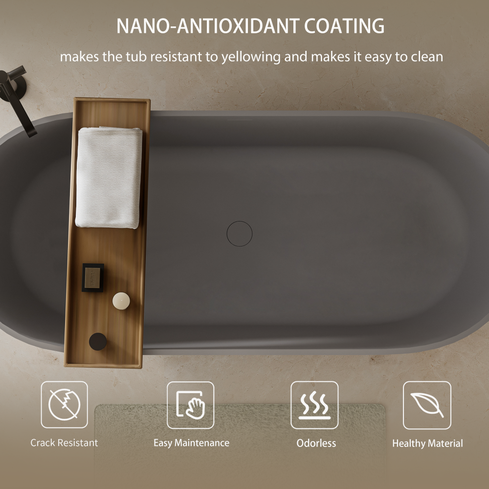 63" Luxury Engineered Solid Surface Bathtub, Stone Resin Freestanding Soaking Bathtub with Overflow and Pop-up Drain for Contemporary Bathroom, Matte Grey 23S03-63MG