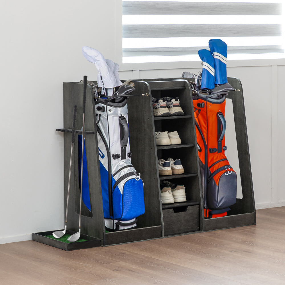 Golf Bag Organizer for Garage, Premium Wooden Golf Clubs Storage Rack Fit 2 Golf Bags, Golf Trunk Organizer for Car Garage Club Shed Basement,Brown