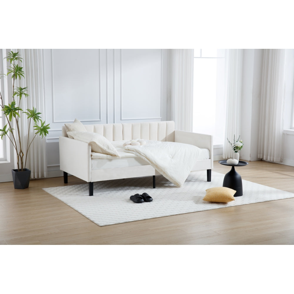Elena Twin Size Beige Velvet Upholstered Daybed, Ribbed Tufted Backrest, Daybed in Lavish Modern Design, Richly Hued Foam Comfort