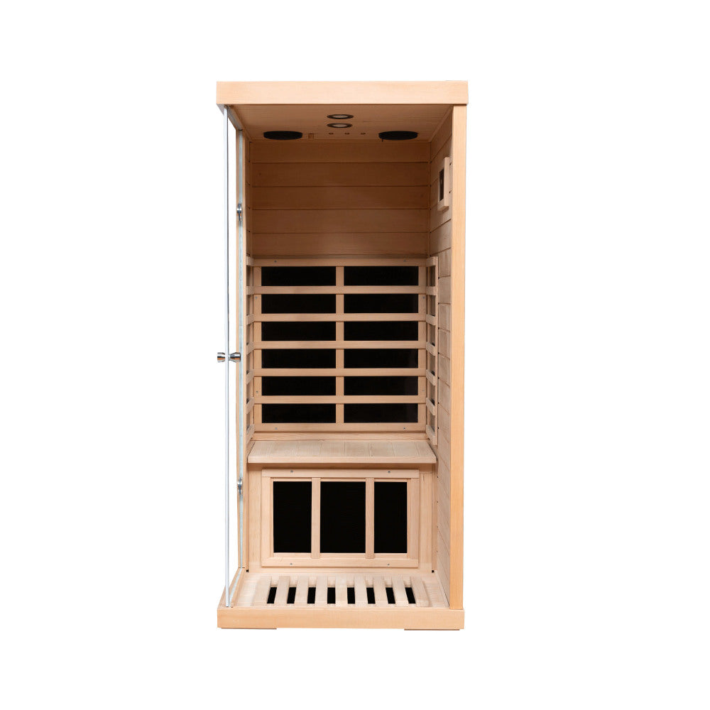 Large glass mini hemlock sauna with right door opening