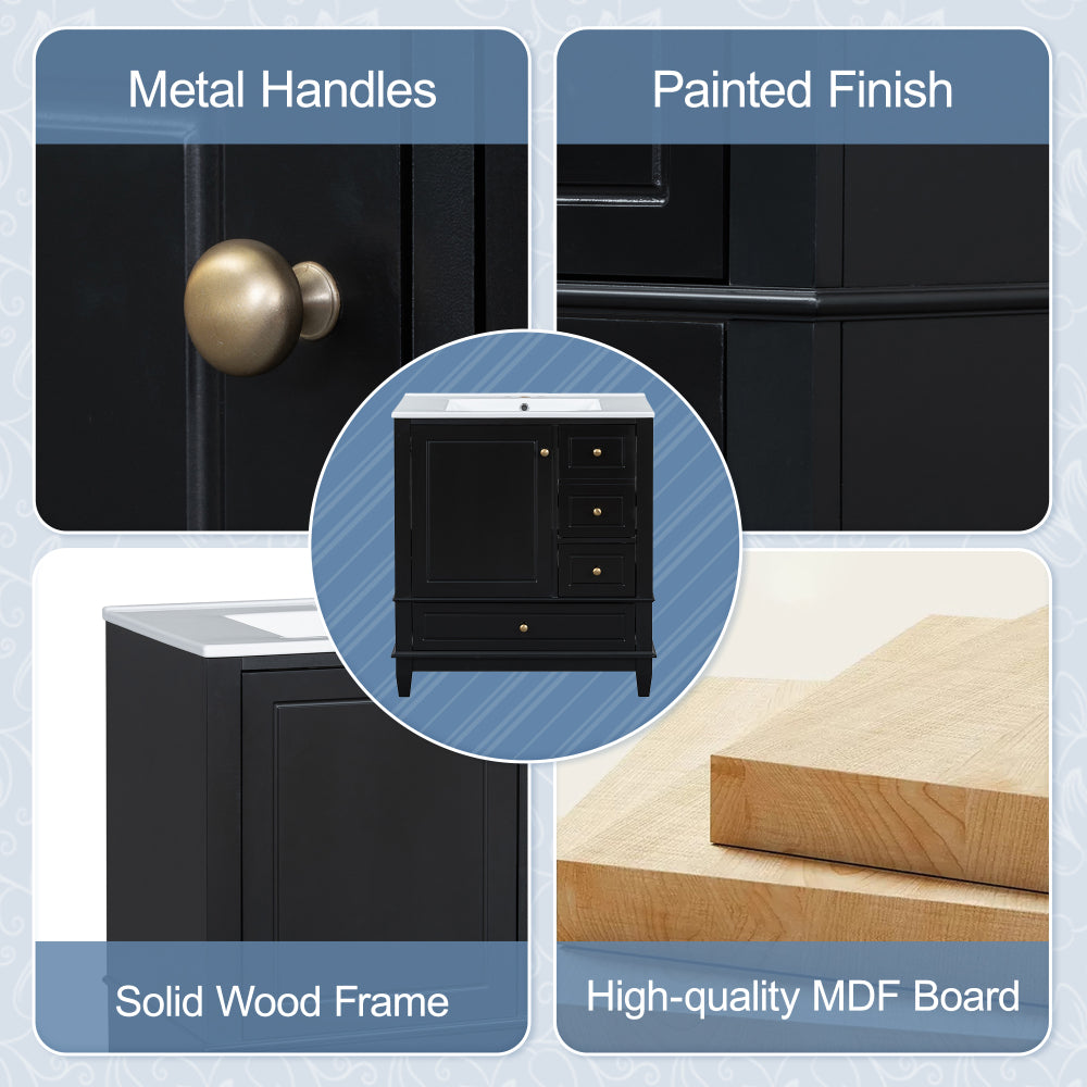 30" Bathroom Vanity with Sink, One Door with Shelf and Three Drawers, Soft Close Door, Black