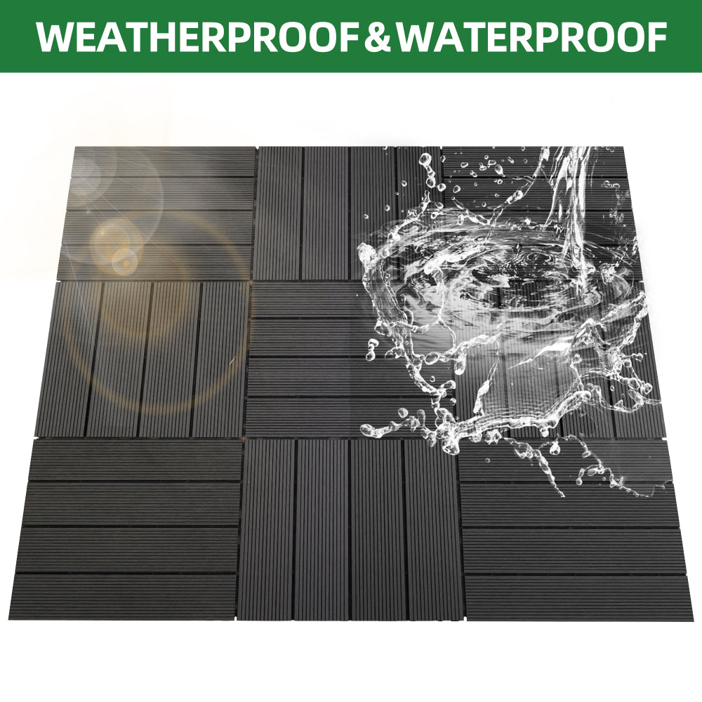 9 PCS heavy-duty & recyclable Wood-Plastic DIY Interlocking Deck Tiles 11.8" x 11.8"- Waterproof Outdoor and Indoor Flooring for Patio, Balcony, Porch, Backyard, Bedroom (Black)