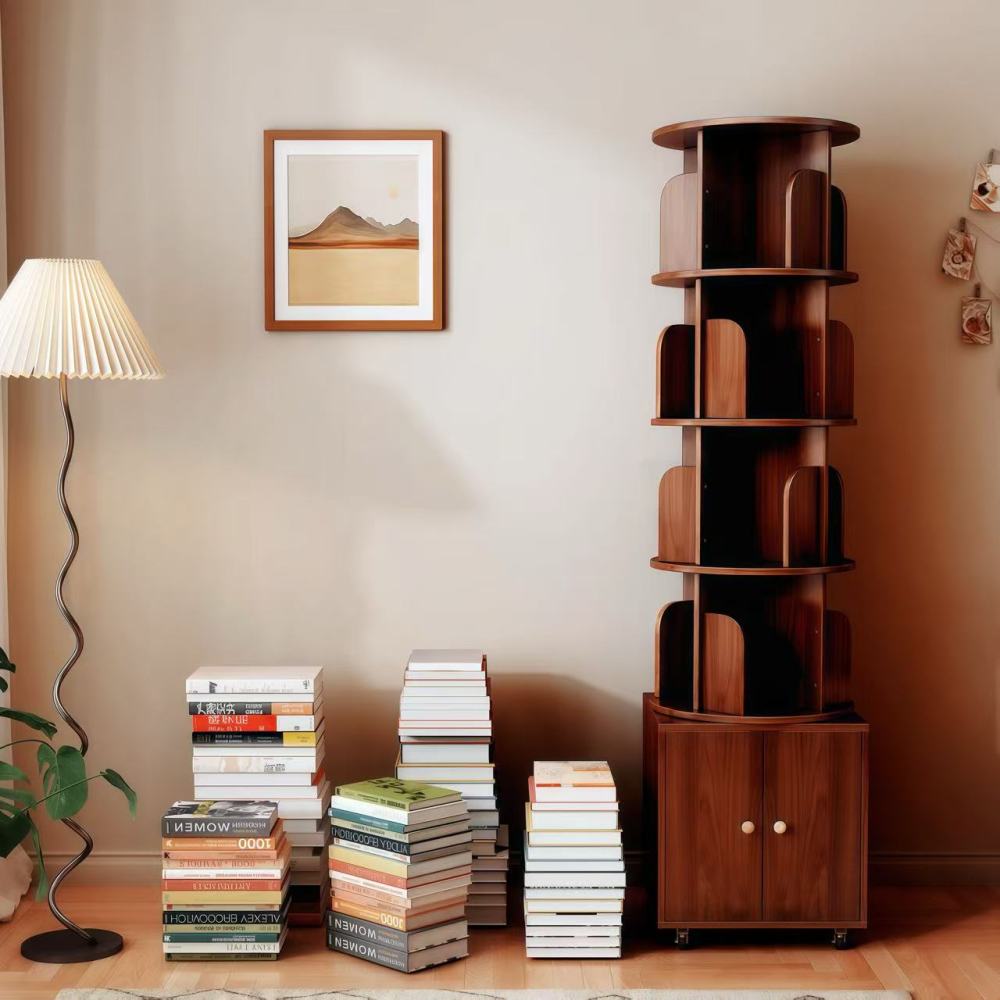 Rotating Bookshelf, 360 Degree Display 5 Tier Corner Bookshelf with Drawer for Small Space, Floor Standing Bookcase Storage Rack, Wood Narrow Book Shelf Organizer for Bedroom, Living Room (WHITE)