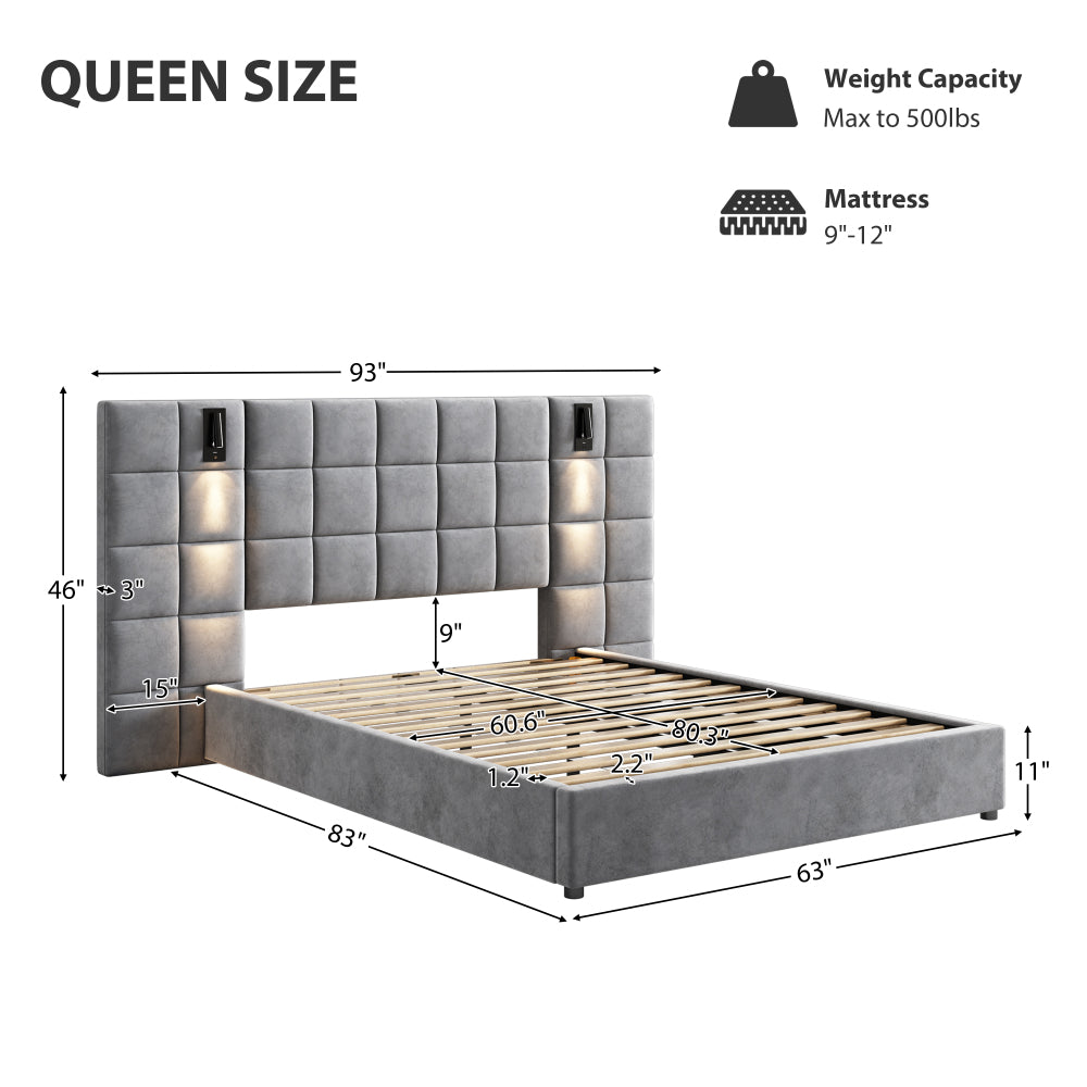 Upholstered Queen bed,with reading lamp and USB port, wide headboard,without bedside tables and mattress, velvet, grey
