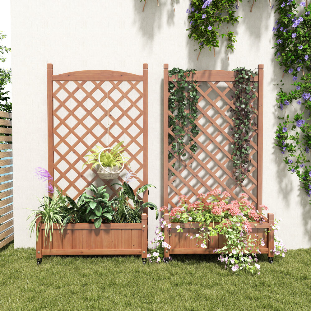 Raised Garden Bed with Trellis 2 Pack, Outdoor Wooden Planter Box & Plant Stand with Climbing Racks