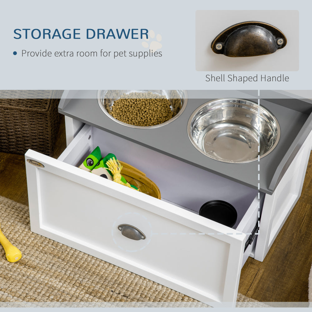 PawHut Dog Feeding Station with Storage Drawer, Dog Food Storage Cabinet with 2 Removable Elevated Dog Bowls for Large Sized Dogs, White