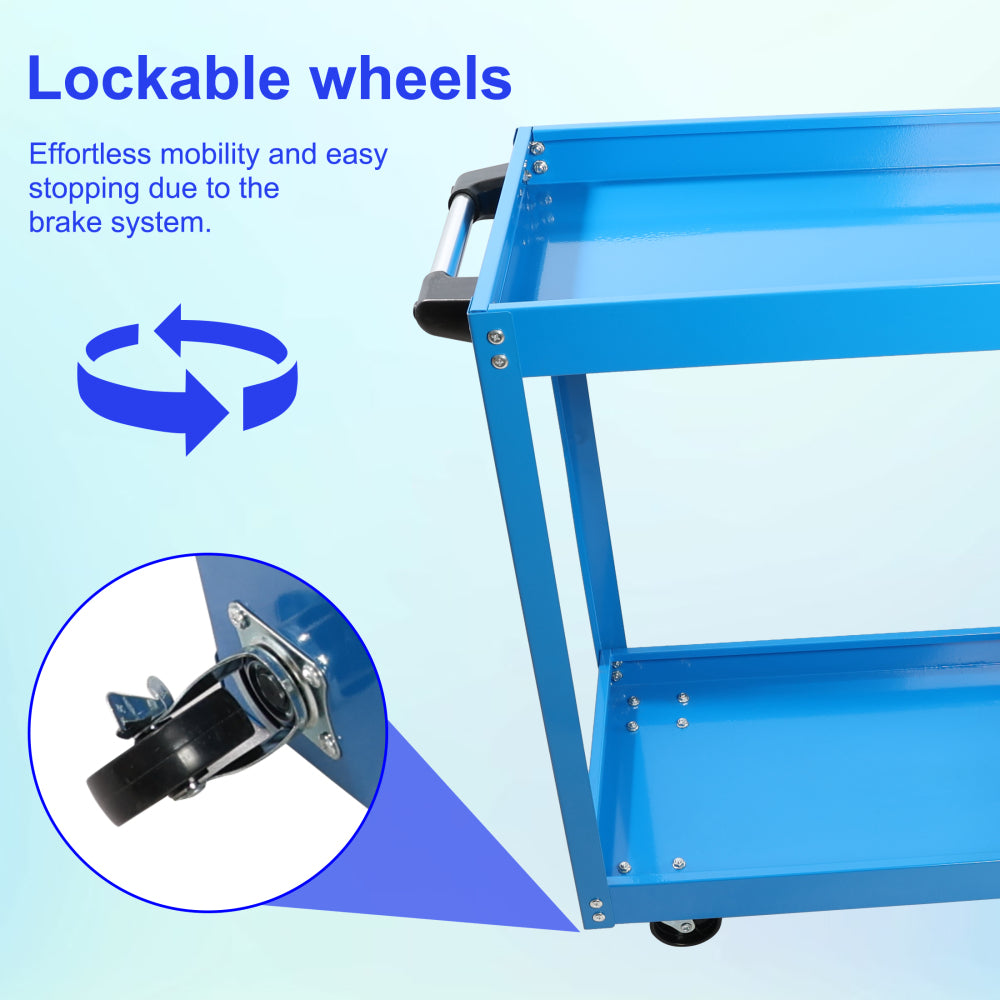 Tool Cart on Wheels, Heavy Duty Steel Utility Cart w/Lockable Wheels, 400 LBS Capacity Industrial Service Cart for Garage, Warehouse, Workshop (Two-layer Bright Blue)