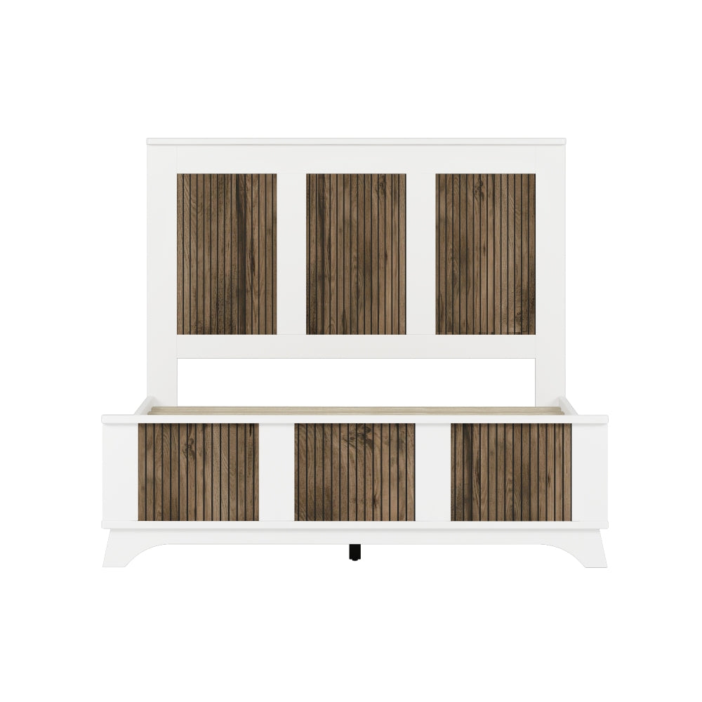 4-Pieces Bedroom Sets, Full Size Farmhouse Platform Bed with Wooden Strip Stickers Decoration, Storage Nightstand and Dresser with Metal Handle, White