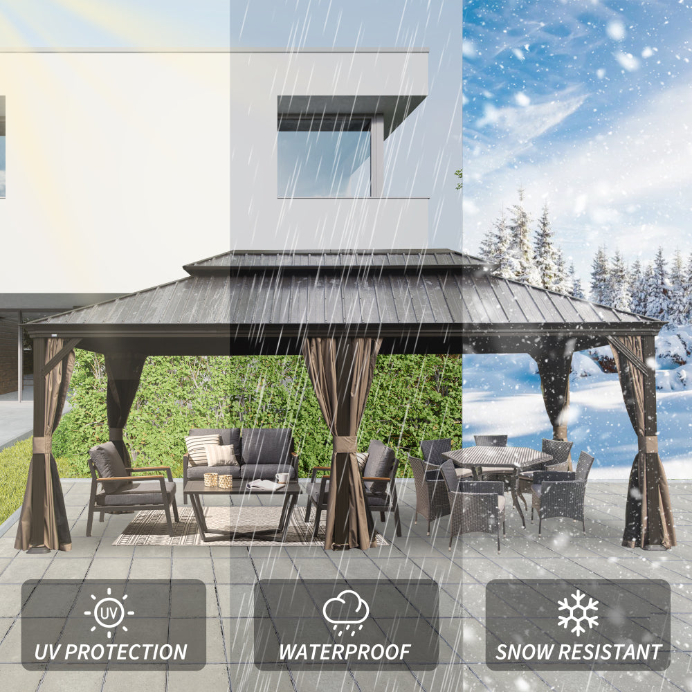 12' X 20' Hardtop Gazebo, Upgraded Metal Gazebo with Drainage System, Dual-Layer Galvanized Steel Roof, Curtain and Netting, Outdoor Shelter Canopy for Patio, Garden, and Backyard, Brown