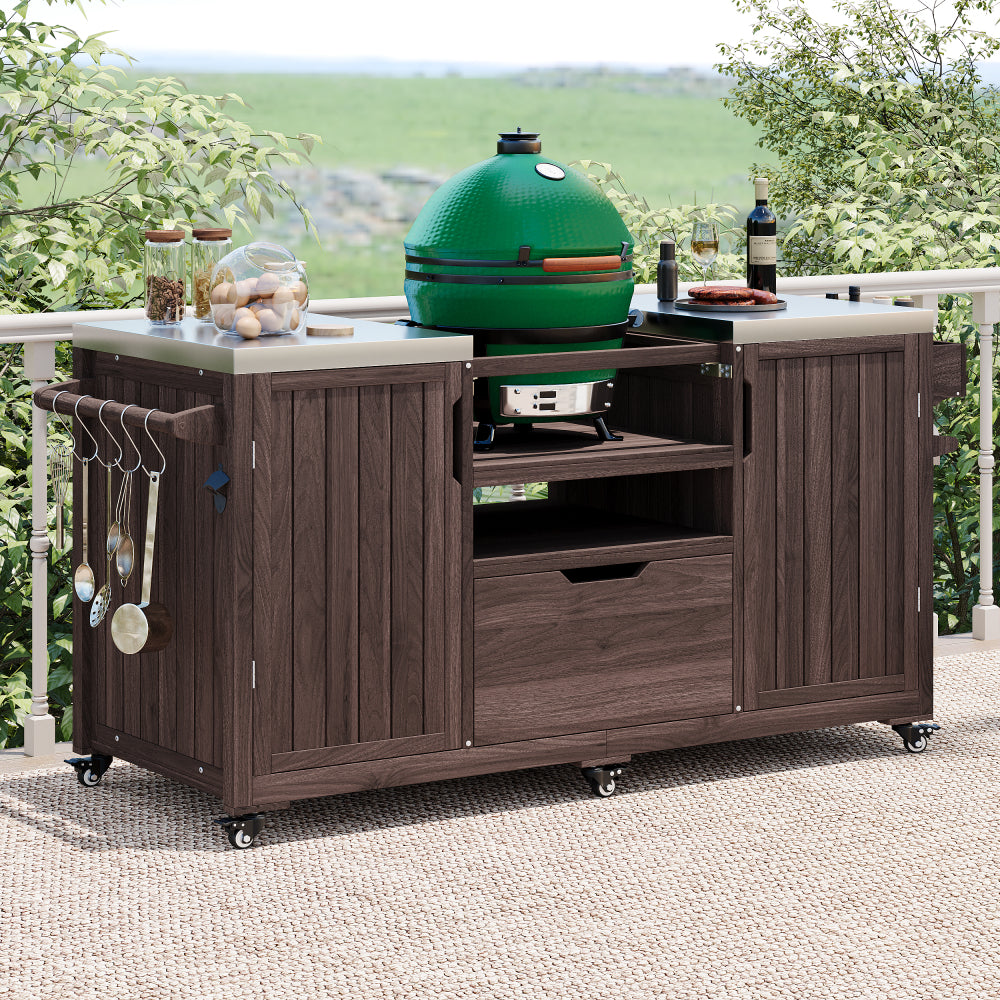 K&K 66.5" Outdoor Kitchen Island for Big Green Egg Grills, Solid Wood Outdoor Grill Cart for Tabletop Grill with Stainless Steel Top, Drawer, Compatible with Large Big Green Egg, Kamado Joe-Dark Brown