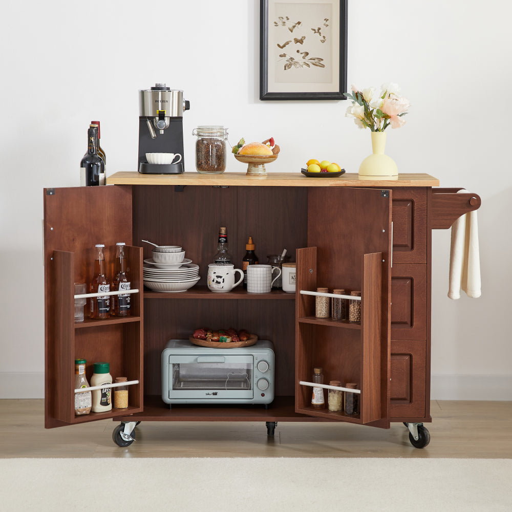 54 inch Portable Wooden Kitchen Island Cart Large Capacity with 3 drawers Drop-Leaf Table Spice Rack & Towel Rack for Small Spaces.
