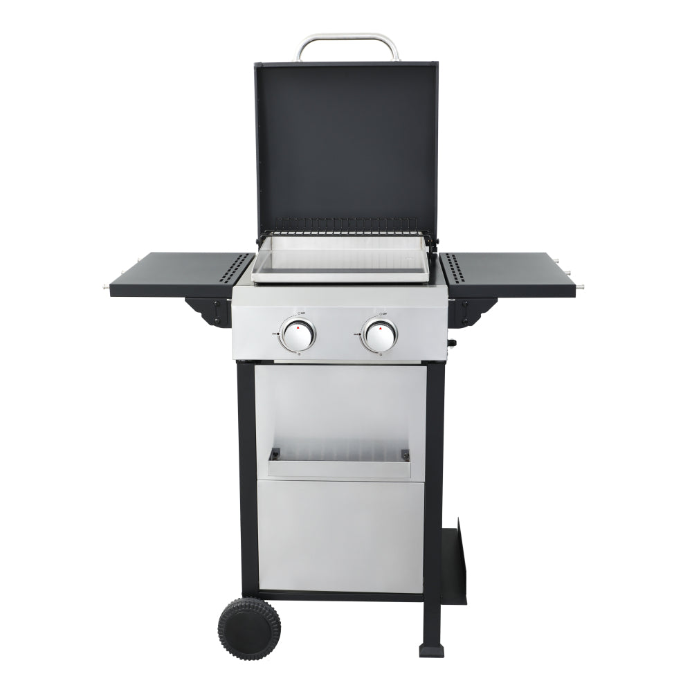 2-Burner Propane Gas BBQ Grill, SS Plancha, 24600BTU Output With Wire Enamel Cooking Grids For Outdoor Barbecue, Foldable Side Table, Hanging Basket, Stainless Steel