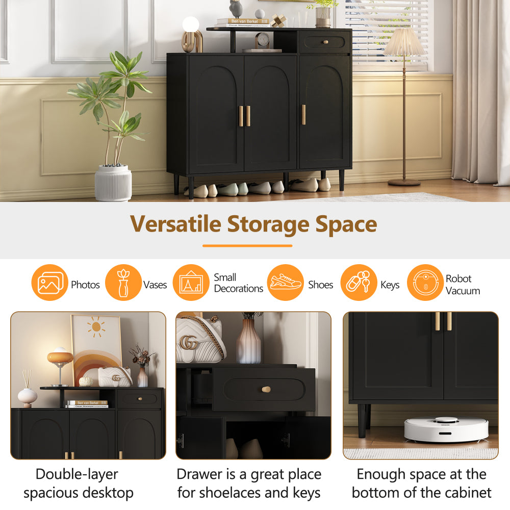 ON-TREND Elegant Shoe Cabinet with Arched Doors and Drawer, Cream Style Storage Sideboard with Adjustable Shelves and Solid Wood Legs for Entryway, Living Room, Black