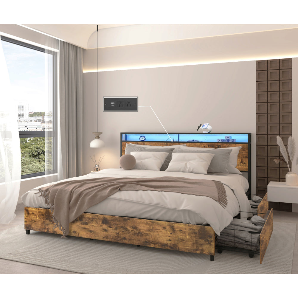 Full Bed Frame, Storage Headboard with Charging Station, Solid and Stable, Noise Free, No Box Spring Needed, Easy Assembly