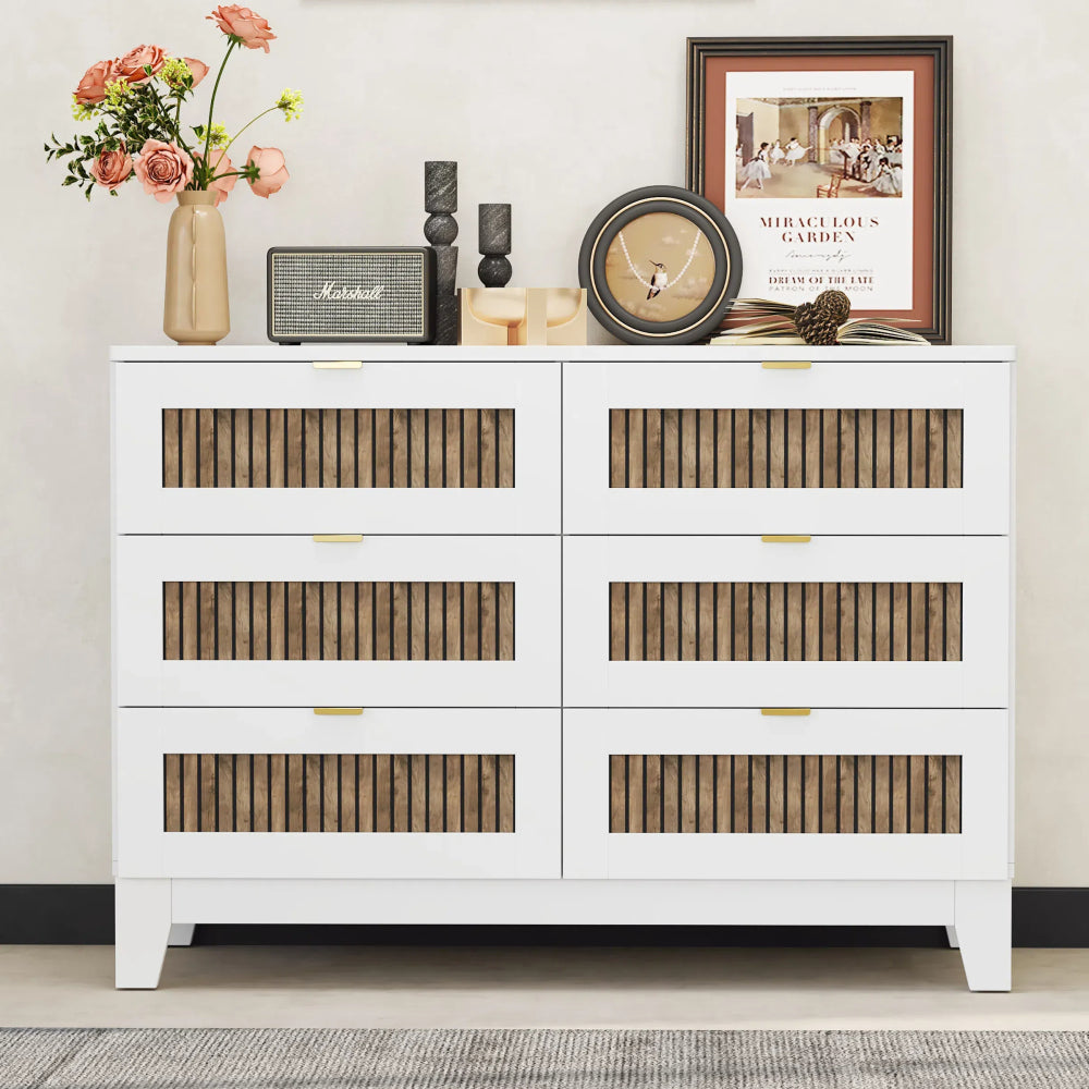 4-Pieces Bedroom Sets, Full Size Farmhouse Platform Bed with Wooden Strip Stickers Decoration, Storage Nightstand and Dresser with Metal Handle, White