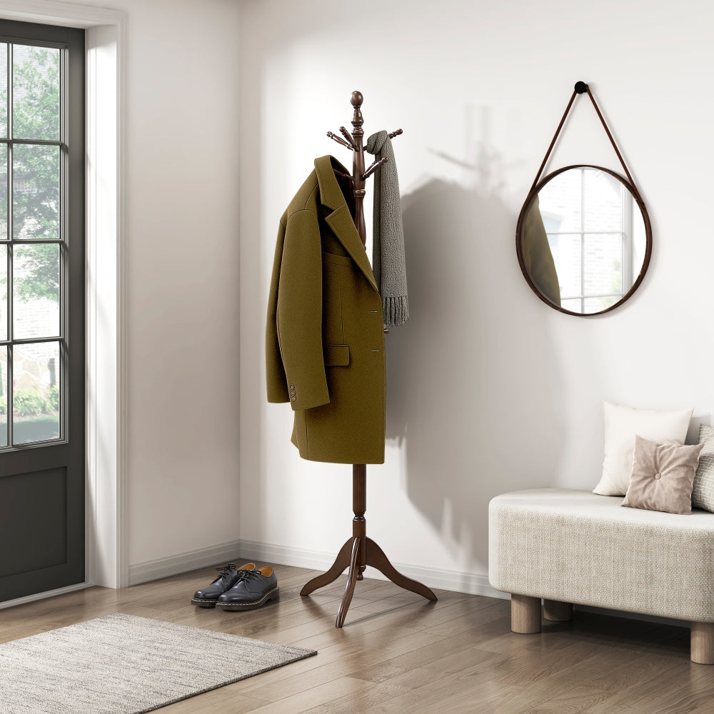 Dark Brown Finish Classic Coat Rack Solid Wood, 10 Hooks Coat Hanger Stand Entryway Home Furniture 1pc