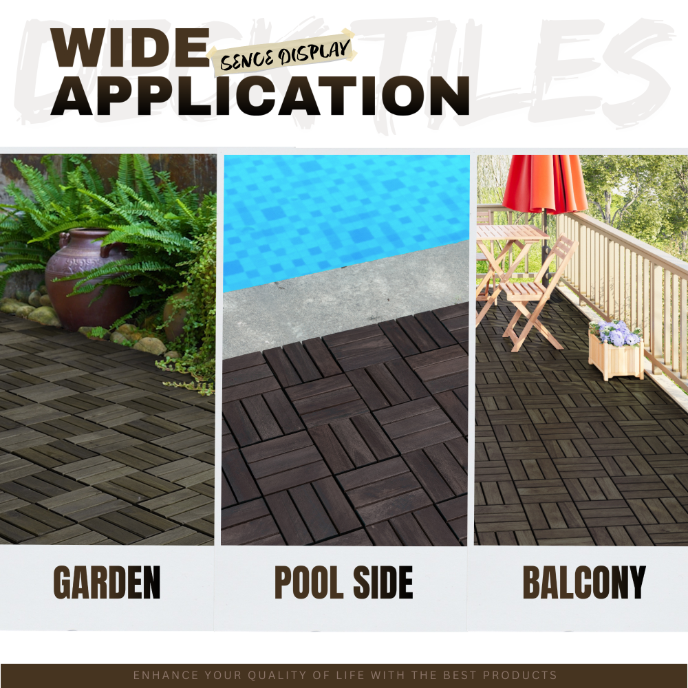 Acacia Wood Interlocking Deck Tiles Checker Pattern, 30 PCS 12" x 12" Dark Brown Square Acacia Hardwood Outdoor Flooring for Patio, Bancony, Pool Side,...