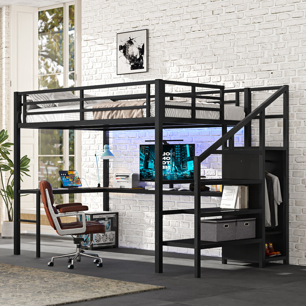 Twin XL Size Loft Bed with L-shaped Desk and USB, Metal Loft Bed with Wardrobe and Adjustable Shelf, High Loft Bed with LED for Kids Teens Adults, Black