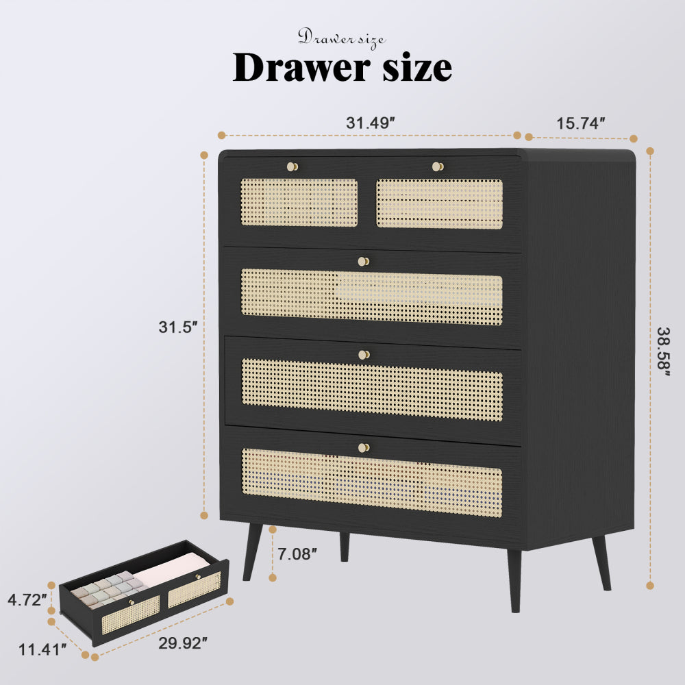 4 Drawer Dresser, Modern Rattan Dresser Chest with Wide Drawers and Metal Handles, Farmhouse Wood Storage Chest of Drawers for Bedroom, Living Room, Hallway, Entryway