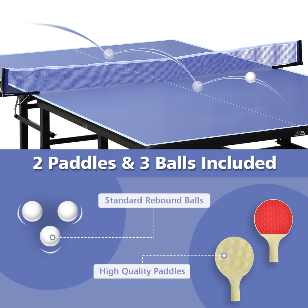 DOUBLE FISH Blue Folding Rolling 9×5 FT Table Tennis Table Indoor And Outdoor Table Tennis Table, 2 Rackets, 3 Balls, 1 Net And 8 Wheels Set Behind It For Easy Movement
