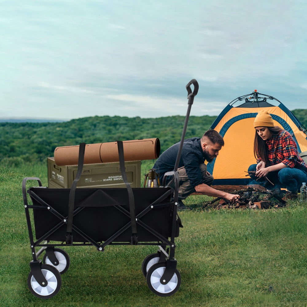 Minimeetall Strap Collapsible Foldable Wagon Cart with strapping system, Beach Wagon , Utility Cart , Utility Wagon Grocery Cart for Camping Shopping Sports Gardeing Fishing Supports 225lbs black