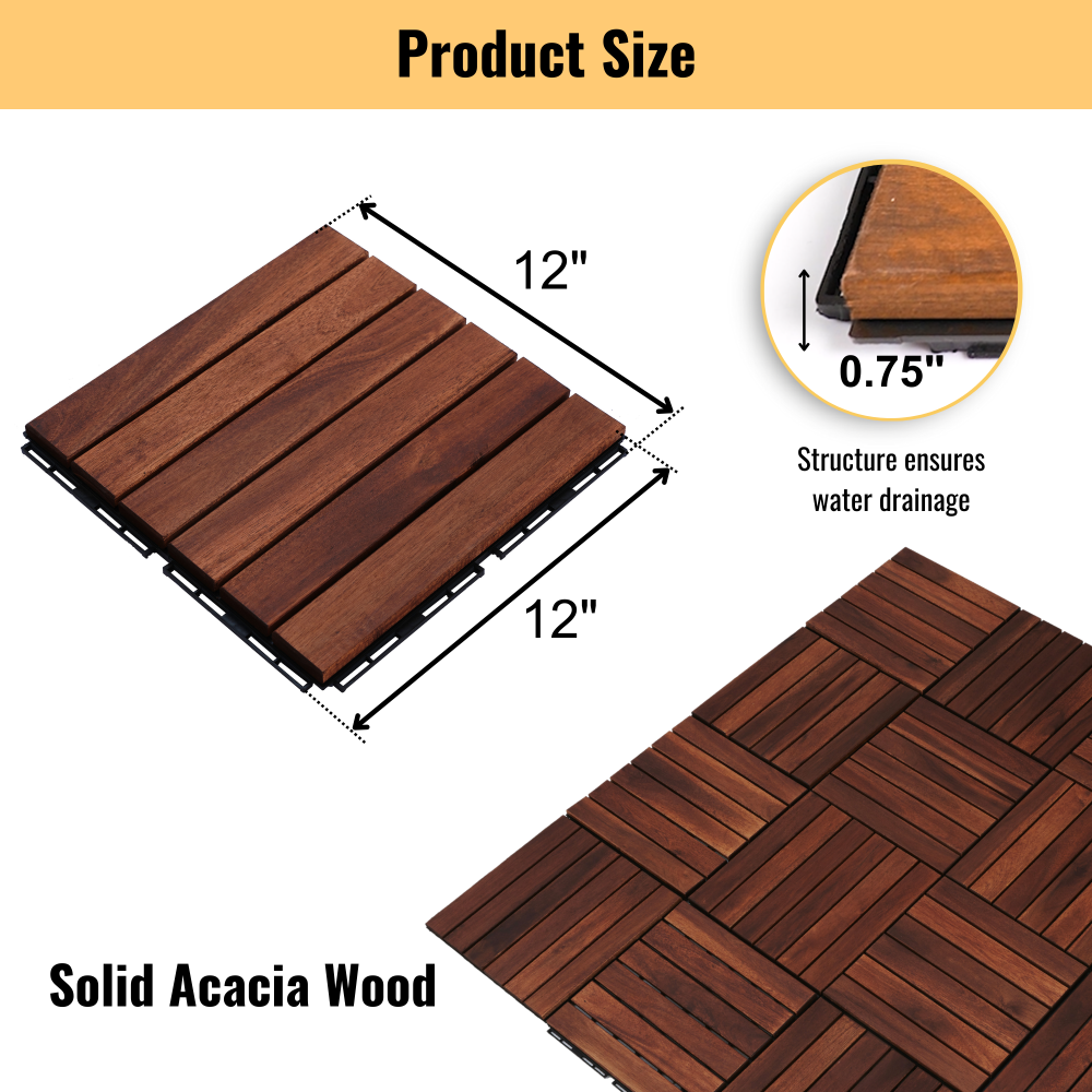 10 PCS Interlocking Deck Tiles Striped Pattern, 12" x 12" Square Acacia Hardwood Outdoor Flooring for Patio, Bancony, Pool Side,...