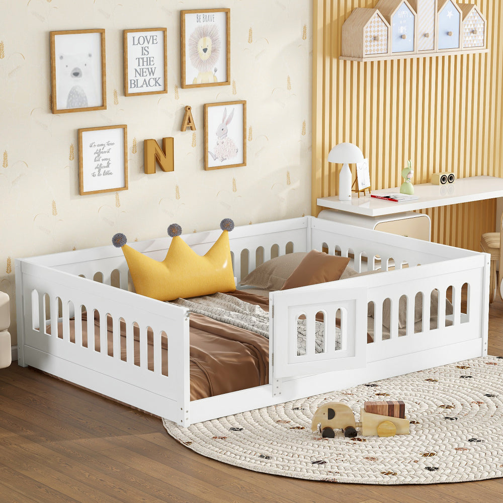Twin Size Floor Bed with Heightened Safety Guardrails and Door, Solid Wood Bedframe with Rails for Girls, Boys, Teens, Child Bedroom, Kids Playroom, No Slats Included, White