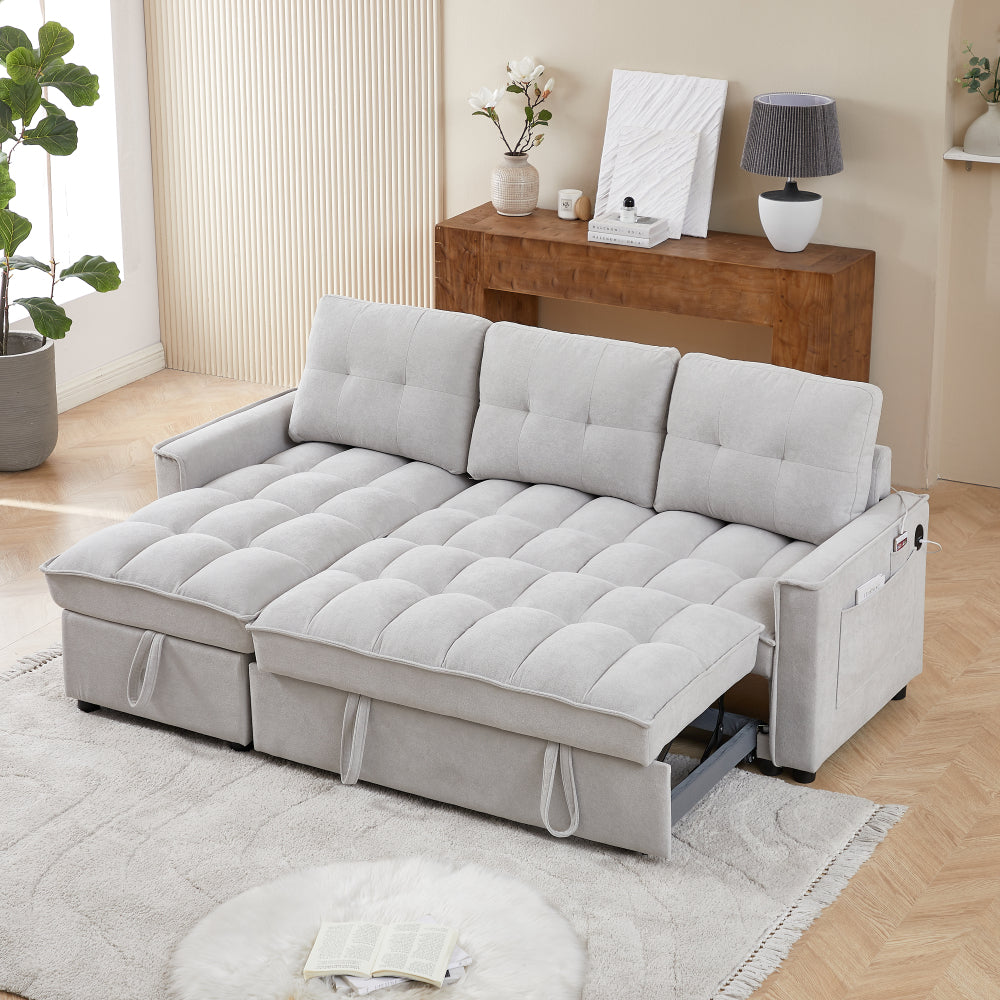 MH 78.75" Reclining Sofa, Pull-Out Sofa Bed with USB and tape-c charging ports, L-Shaped Sectional Sofa with Reclining Storage and Arm Side Organizer Pocket Features, Living Room Comfort Sofa