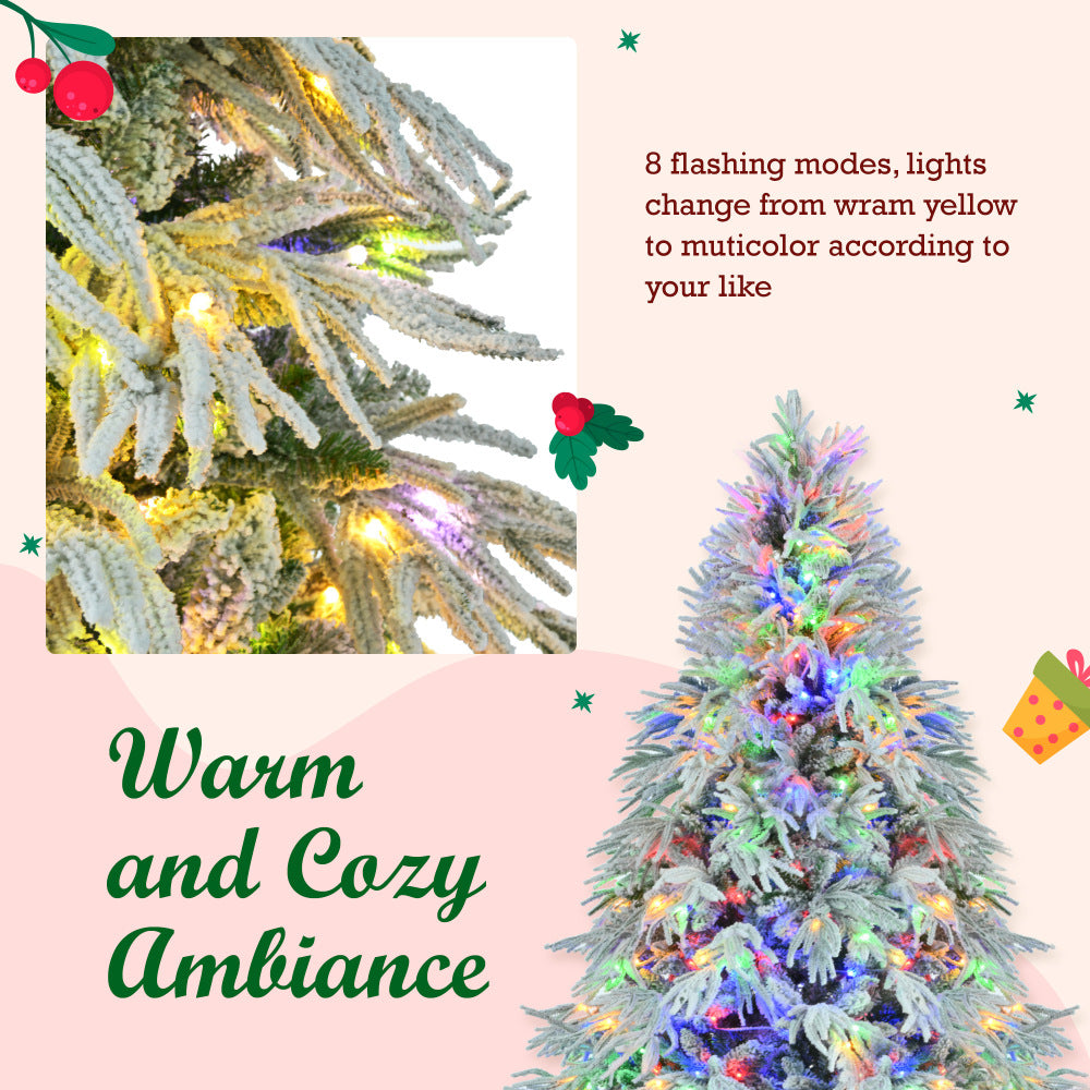 7.5FT Pre-Lit Spruce Snow Flocked Christmas Tree, Artificial Hinged Xmas Tree with 350 Multi-Color LED Lights, 8 Flashing Modes &1389 Snow Branch Tips, Holiday Office Home Décor