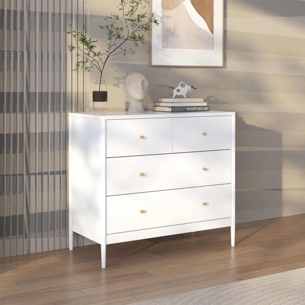 White 4-Drawer Kids Dresser, Wooden Storage Cabinet for Toddler Bedroom, Nursery, Closet, Baby Nightstand Organizer for Living Room or Apartment, 35.4" Wide