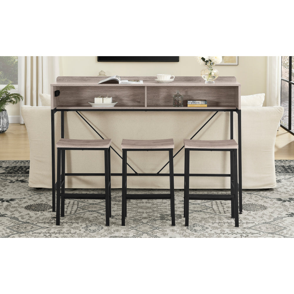 59 inch bar table, dining table, sofa table with power socket and LED light, 3 saddle stools, 4-piece bar table and chairs set for living room, dining room and kitchen