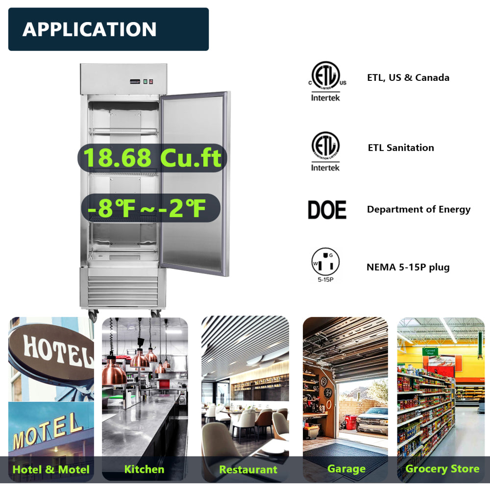 27"W Commercial Freezer Single Solid Door Stainless Steel Interior and Exterior Construction Reach-in Freezer 18.68 Cu.ft. Upright Fan Cooling Freezer for Restaurants and Commercial Environments