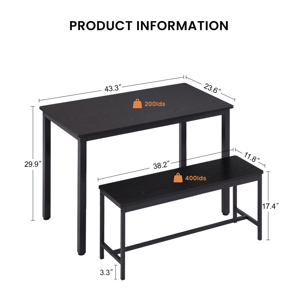 Dining Table Set, Bar Table with 2 Dining Benches, Kitchen Table Counter with Chairs, Industrial for Kitchen Breakfast Table, Living Room, Party Room, Black , 43.3″L x23.6″W x 29.9″H