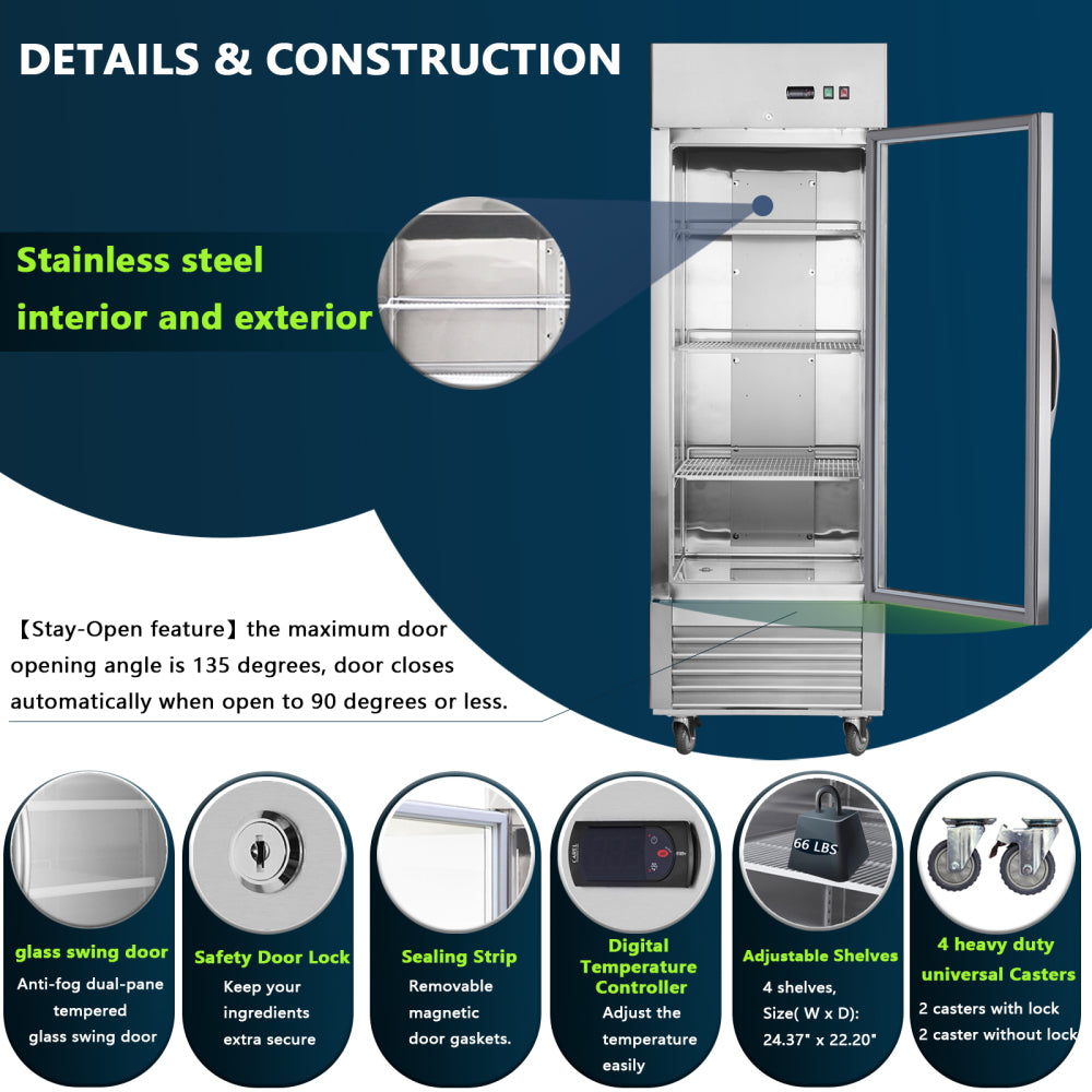 27"W Commercial Refrigerator 1 Glass Door Stainless Steel Interior and Exterior Construction Display Refrigerator 18.68 Cu.ft. Reach-in Merchandising Refrigerator Upright Fan Cooling Merchandiser