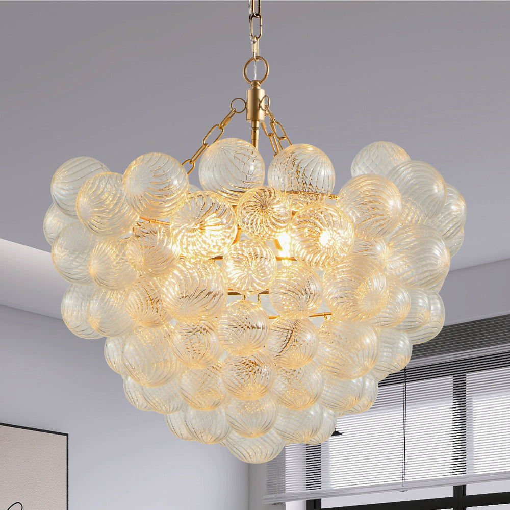 27.5-Inch Gold Pendant Light Chandelier with Threaded Clear Glass Globe Shade – Adjustable Height, Ideal for Living Room, Dining Room, Kitchen (No Bulbs)