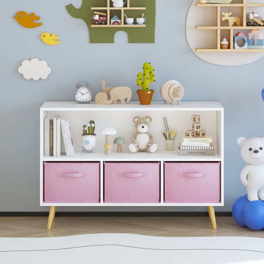 Kids bookcase with Collapsible Fabric Drawers, Children's Book Display, Toy Storage Cabinet Organizer, White/Pink