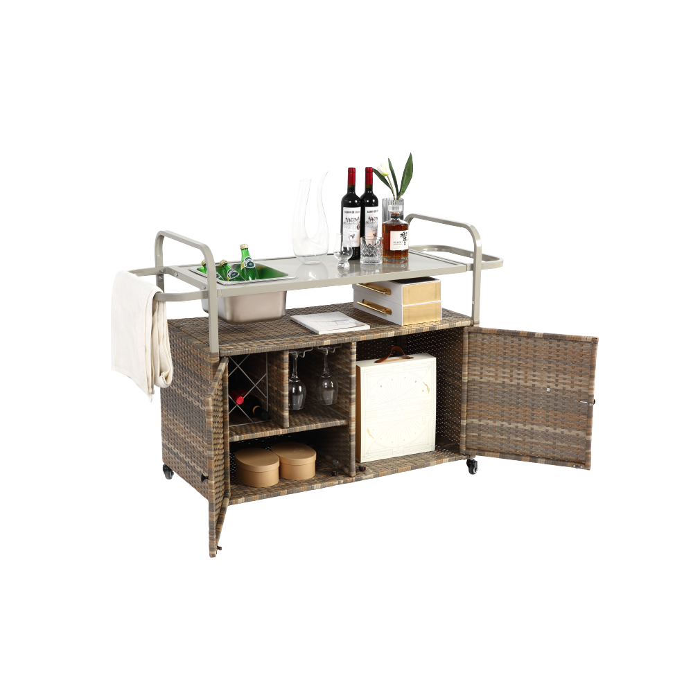 Outdoor Bar Table, Wicker Bar Cart with Cabinet, Patio Serving Cart with steel Top, with one ice bucket,Lockable Wheels, Side Basket for Garden, Poolside & Backyard, Beige
