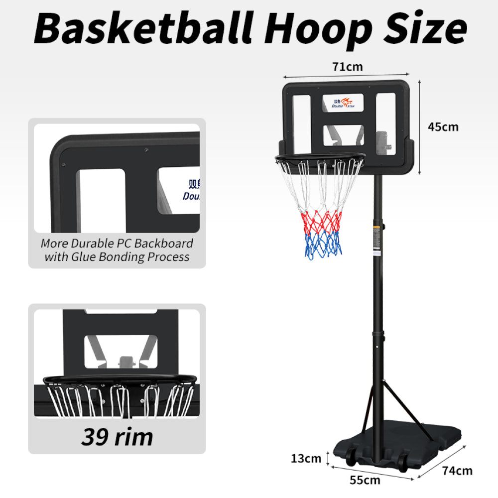 DOUBLE FISHAdjustable Outdoor Basketball Hoop 4.8-7.7ft with Backboard - Portable & Wall-Mounted for Youngsters, Youth, and Adults in Backyard or Driveway - Black