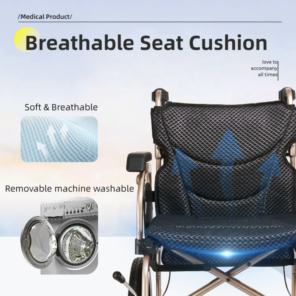 Foldable lightweight wheelchair. Equipped with double hand brakes. Adult wheelchair. Weighs only 27 lbs. Reversible and height adjustable armrests (15" rear wheels). Color Champagne gold