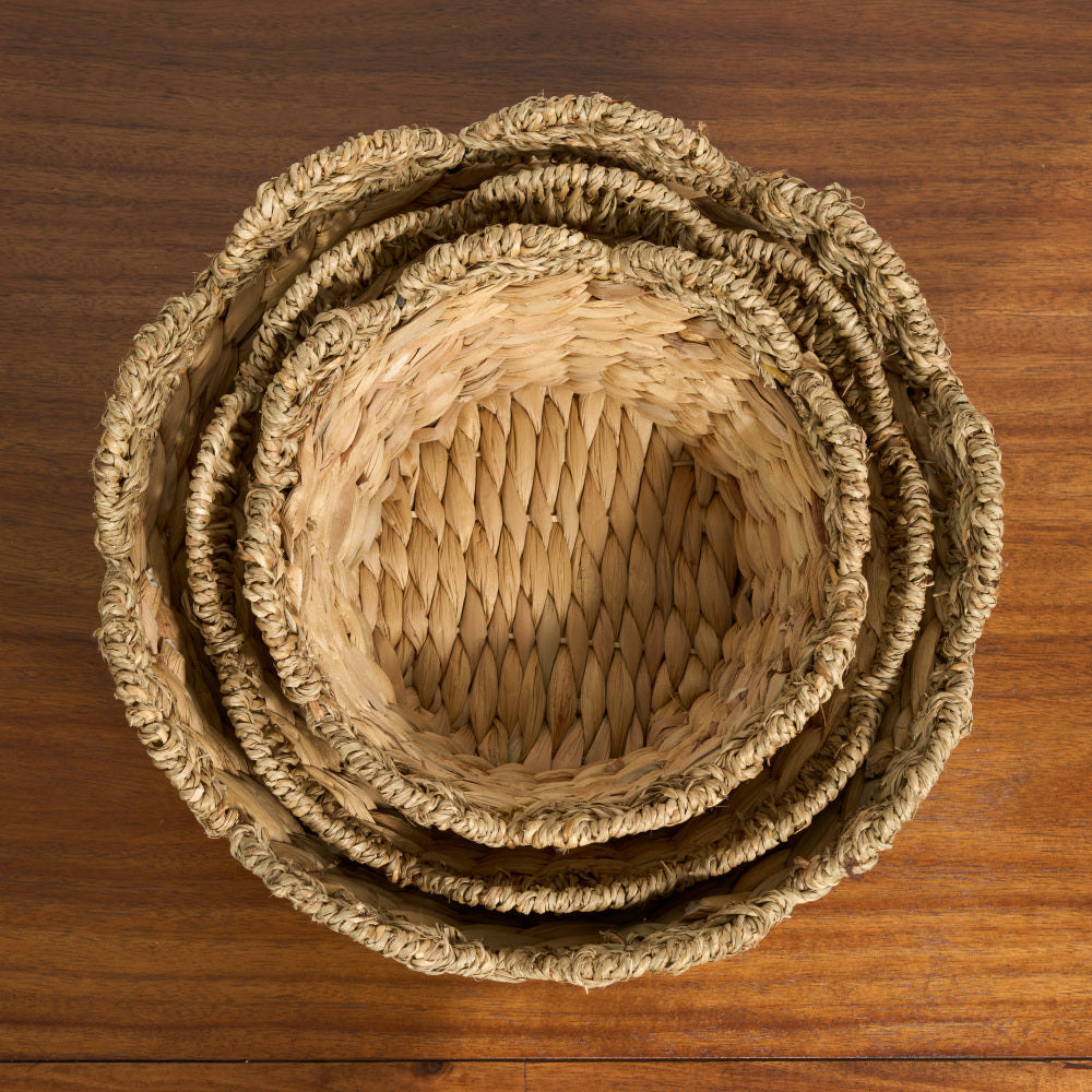 Water Hyacinth Woven Round Multi Use Kitchen and Bathroom 14" / 12" / 10" Basket Natural Brown